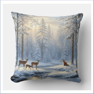 Coussin Forêt enneigée avec faune forestière