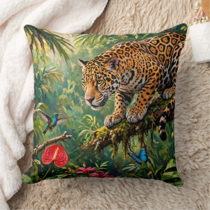 Coussin Forêt tropicale Jaguar Colibris Papillons Fleurs
