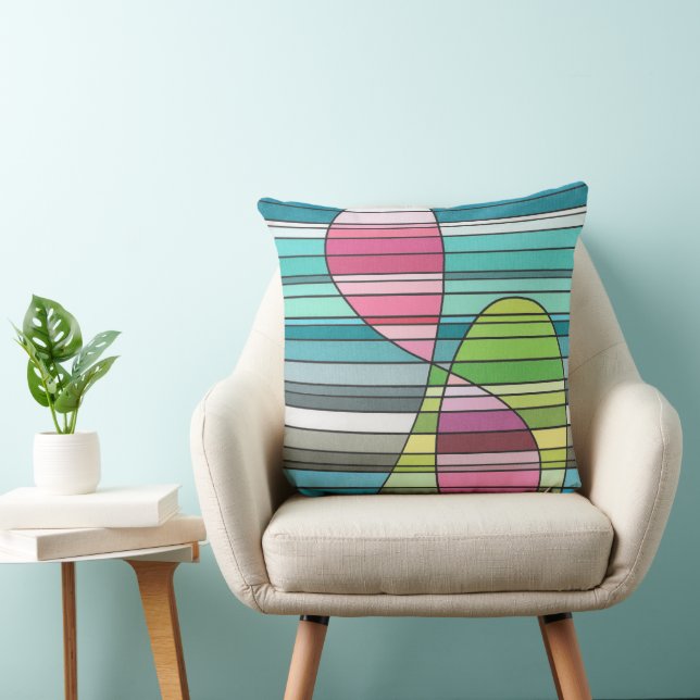 Coussin Formes courbes abstraites rayées roses et vertes (Chaise)