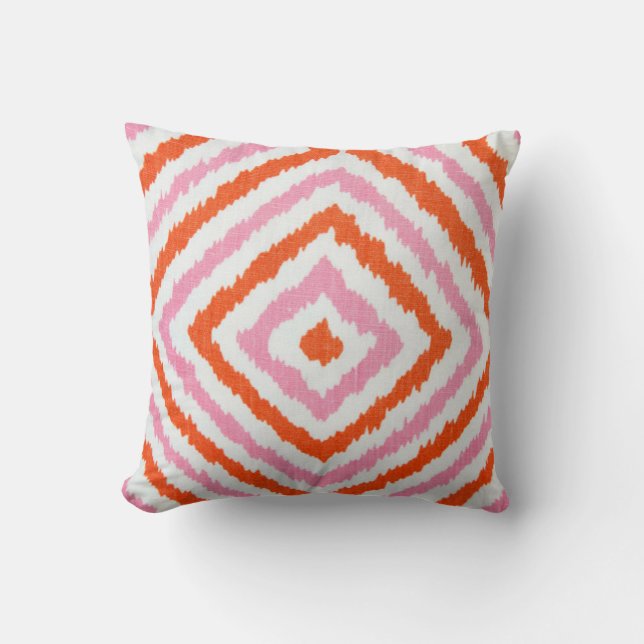Coussin Formes roses et oranges de diamant d'ikat (Recto)
