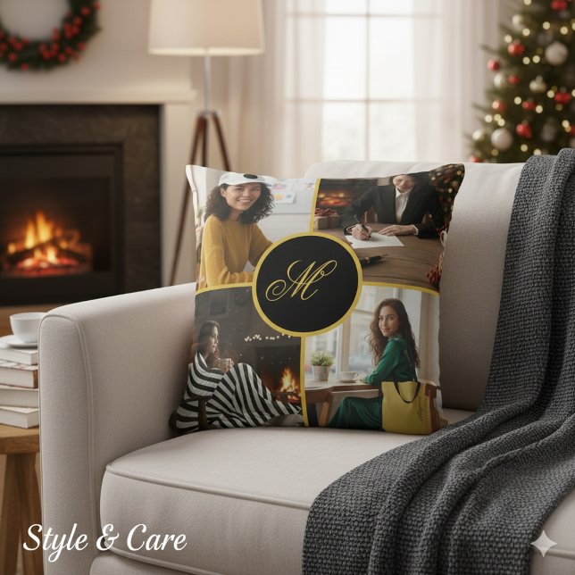 Coussin Four Photo Personalized Monogram Custom (Four Photo Personalized Monogram Custom Throw Pillow)