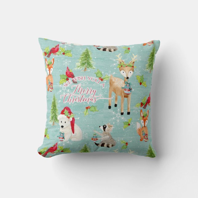 Coussin Fox Deer Bear Bird Nordic Merry Christmas Wood Art (Recto)