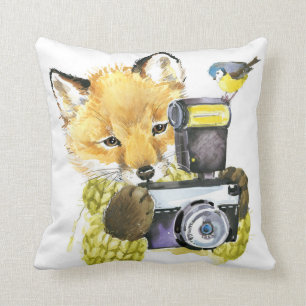 Coussin Fox mignon d'aquarelle prenant des photos