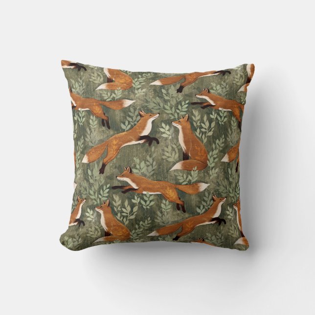 Coussin Foxes doux en rouille Brown sur vert olive (Recto)