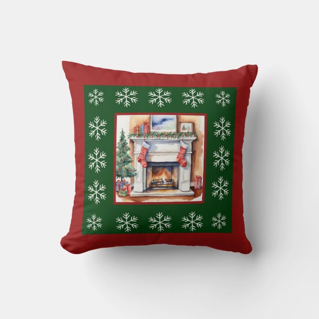 Coussin Foyer de Noël à l'Aquarelle Unique tendance (Recto)