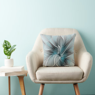 Coussin Fractal Floral Moderne Abstrait Fleur Bleu Gris