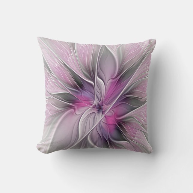 Coussin Fractal Floral Moderne Abstrait Fleur Rose Gris (Recto)