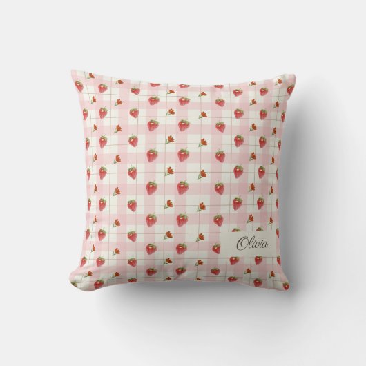 Coussin Fraise rose Sucrée En vichy pépinière de monogramm (Recto)