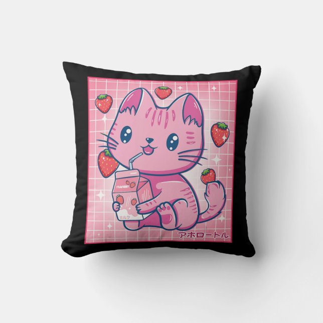 Coussin Fraise Shake fraise Lait Chat Kawaii Neko G (Recto)