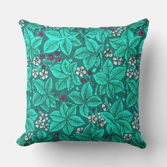 Coussin Fraises et Feuilles Art Nouveau, Turquoise (Recto)