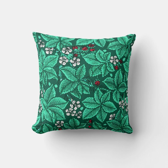 Coussin Fraises et Feuilles Art Nouveau, Turquoise (Recto)