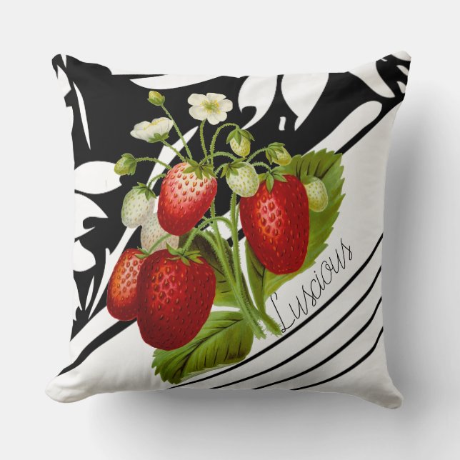 Coussin Fraises Luscious sur Graphisme noir et blanc (Recto)