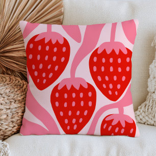 Coussin Fraises Rouges Art de Fruit Éclectique Rose Pastel