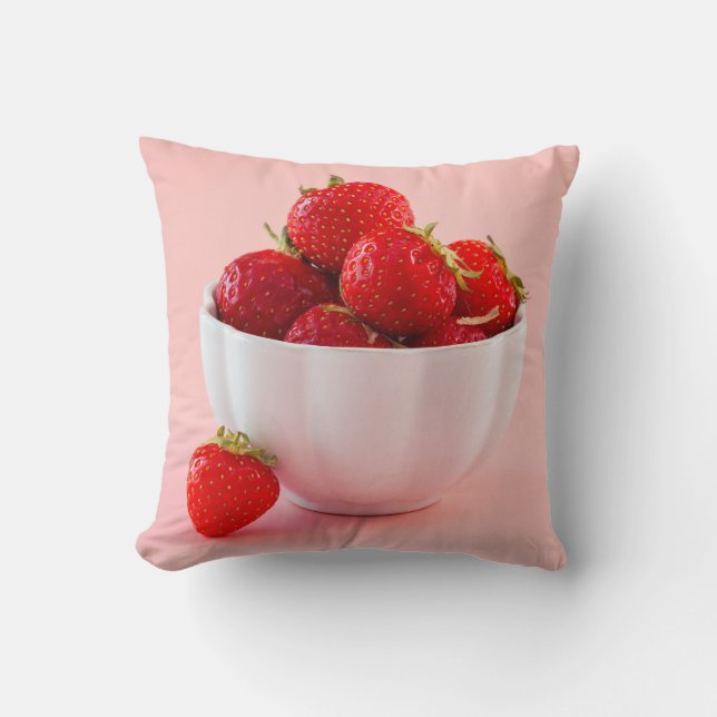 Coussin Fraises Rouges Frais En Bol Blanc Rose Été (Recto)