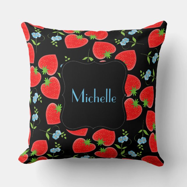 Coussin Fraises rouges monogrammes et Forgetmenots bleus (Recto)