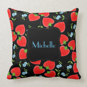 Coussin Fraises rouges monogrammes et Forgetmenots bleus