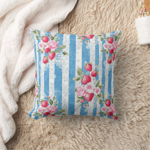 Coussin Fraises vintages et fleurs sur bandes bleues