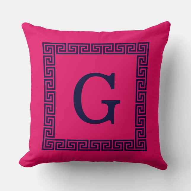 Coussin Framboise, Clé grecque bleue marine #1 Monogramme  (Recto)