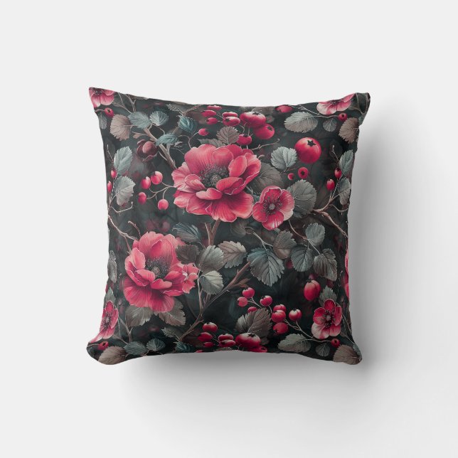 Coussin Framboise, fleurs bordeaux sur gris foncé (Recto)