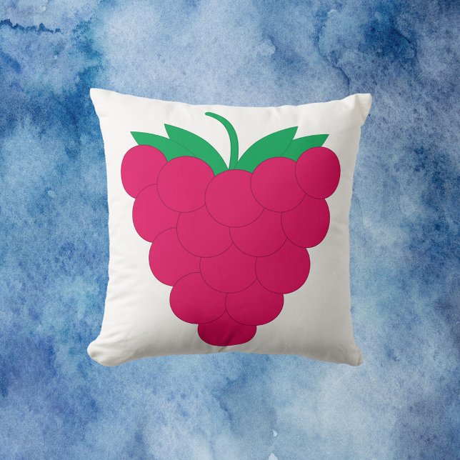 Coussin Framboise Rose Fruit Baie  (A throw pillow with a graphic of a pink raspberry with a green stem.)