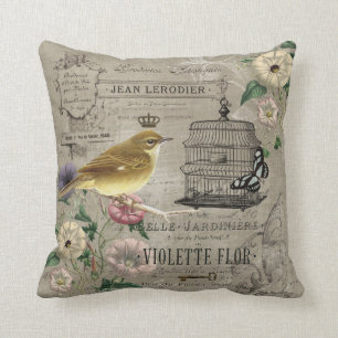 Coussin français vintage d'oiseau de jardin