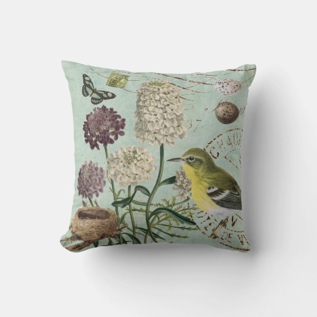 Coussin français vintage d'oiseau et de nature (Recto)