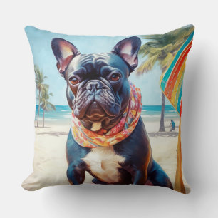 Coussin French Bulldog sur la plage, cadeau d'été pour amo