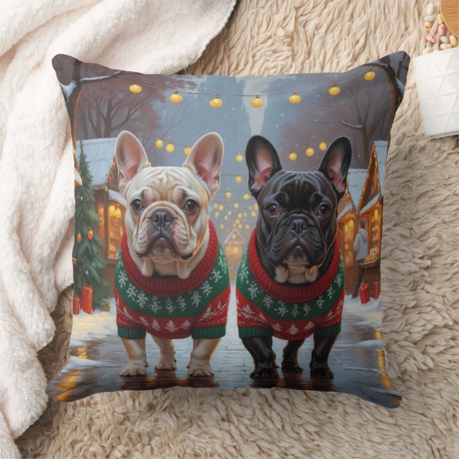 Coussin French Bulldogs Christmas Snow Holiday (Couverture)