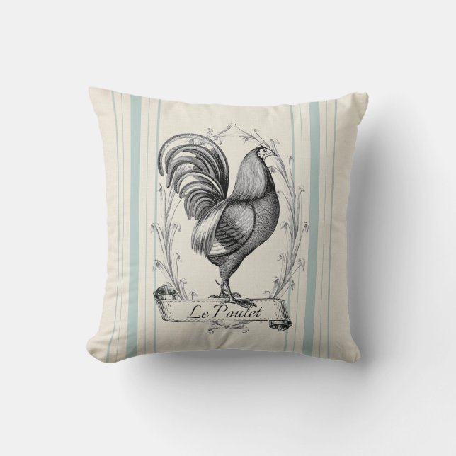Coussin French Farmhouse Rooster bleu sac à grains rayés (Recto)