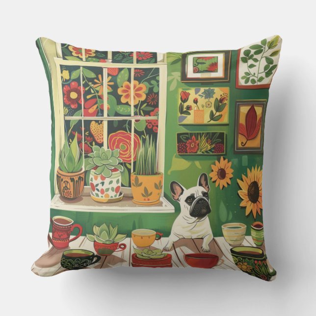 Coussin Frenchie dans le salon de thé Boho Garden (Recto)