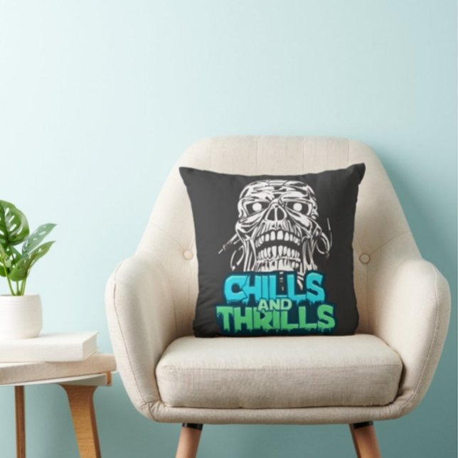 Coussin Frissons et frissons Graphique crâne Halloween Hor (Créateur téléchargé)