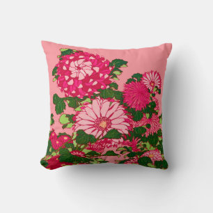 Coussin Frontière des fleurs japonaises, Fuchsia et Coral 