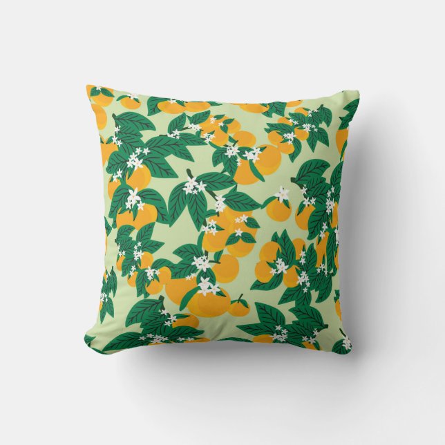 Coussin Fruit orange : motif vintage vert. (Recto)