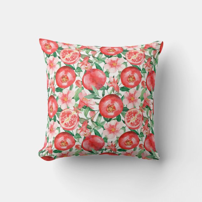 Coussin Fruit rouge à la grenade rose et petites fleurs (Recto)
