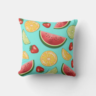 Coussin Fruits Colorés Fraise Pastèque Agrumes Bleu