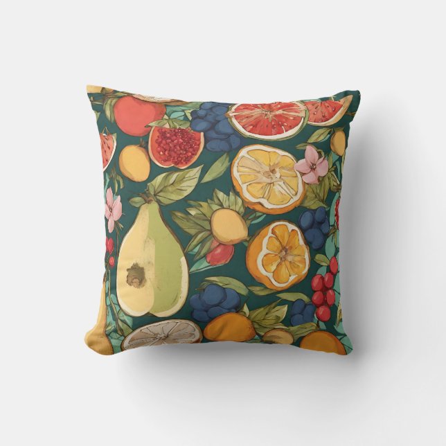 Coussin Fruits d'agrumes, raisins et fleurs variés. Peintu (Recto)