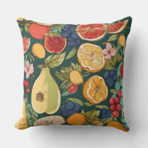 Coussin Fruits d'agrumes, raisins et fleurs variés. Peintu