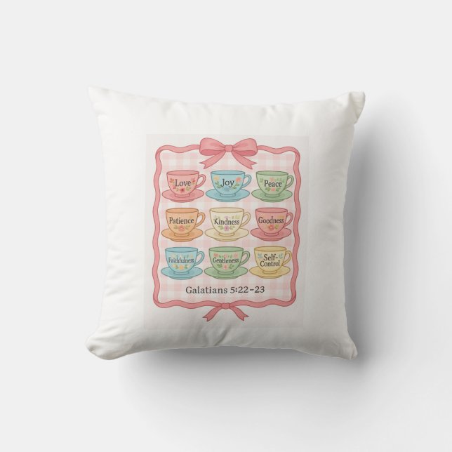 Coussin Fruits de l'Esprit tasses à thé rose (Recto)