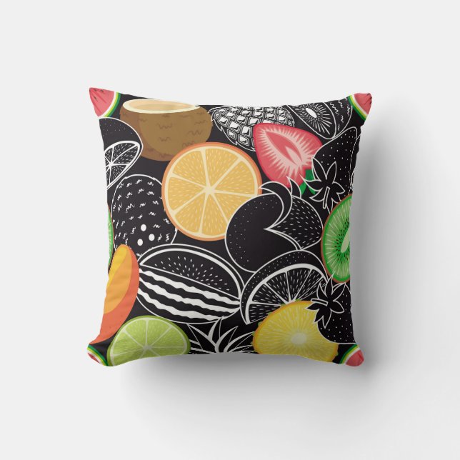Coussin Fruits tropicaux colorés, arrière - plan noir. (Recto)