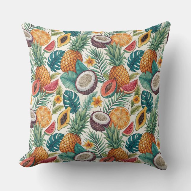 Coussin Fruits Tropicaux - Design Estival Ananas & Melon (Recto)