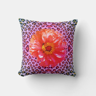 Coussin Fuchsia et orange funky floral avec motif léopard