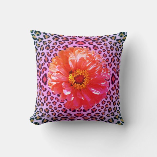 Coussin Fuchsia et orange funky floral avec motif léopard  (Recto)