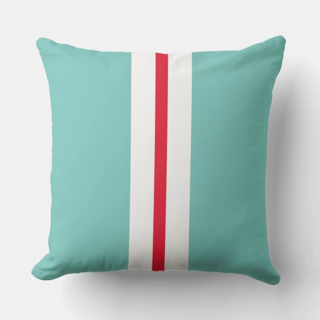 Coussin Fun Bright Red White Racing Stripes Sur Light Turq (Recto)
