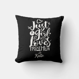 Coussin Fun Moderne Triathlète Fille Noir Et Blanc Script