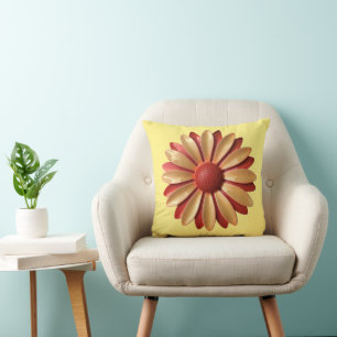 Coussin Fun Retro Orange Daisy Flower sur Beurre Jaune 60s