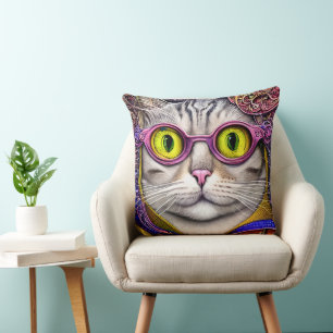 Coussin Funky Chat Funky Retro Portant des lunettes