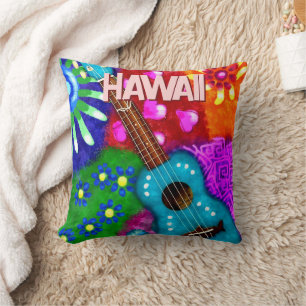 Coussin Funky Ukulélé Floral Tropical Abstrait Turquoise V