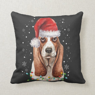 Coussin Funny Basset Hound Dog Noël santa hat lumières