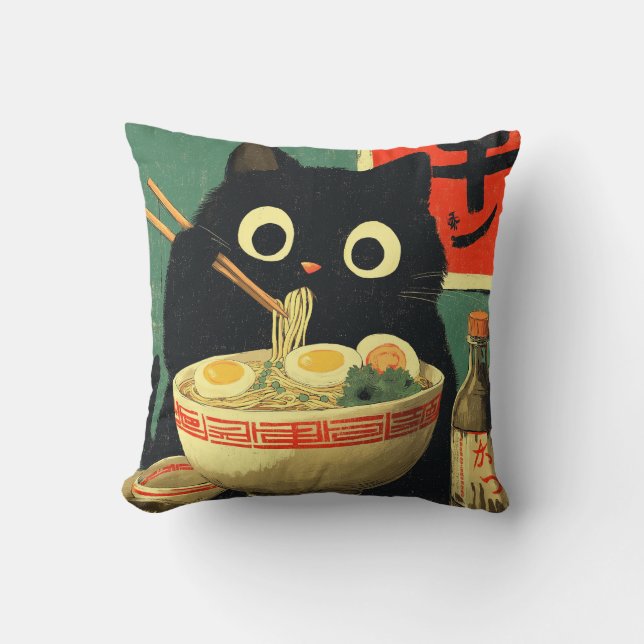 Coussin Funny Black Cat Eating Ramen (Recto)