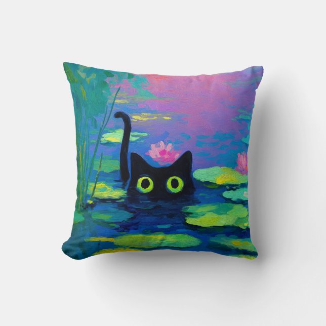 Coussin Funny Chat noir nager dans l'étang | L'art bizarre (Recto)